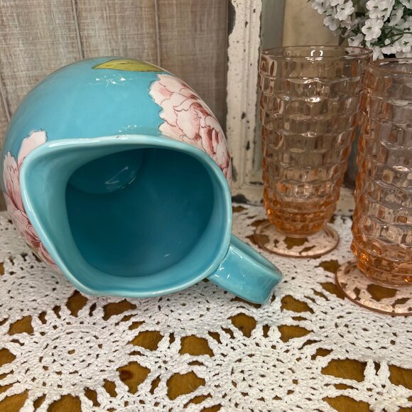 Teal French Country Pitcher/Vase with Pink Peony Flowers - Picture 7 of 7